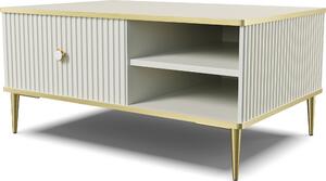 Tavolino PETRA 90x60 cm CASHMIR BEIGE con piedini in metallo dorato Tavolino da salotto, stile moderno, con vano portaoggetti nascosto, con cassetto, ripiani