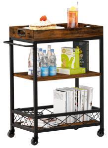 Carrello da cucina mobile, organizer da cucina con ripiani, design vintage, colore marrone, realizzato in materiale composito di legno (MDF/pannello truciolare), struttura in metallo robusta