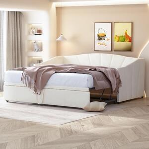 Divano letto imbottito 90/180 x 200 cm con letto estraibile, 2 reti, schienale e braccioli, letto multifunzionale, tessuto velluto, color beige