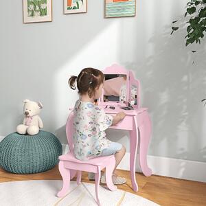 DecHome Tavolo da Trucco per Bambini 3-6 Anni con Sgabello Specchio Regolabile e Cassetto 63x40x85.5 cm colore Rosa