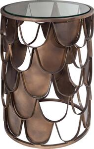 Riess-ambiente Tavolino industriale ABSTRACT 55 cm in ottone anticato, design a squame di pesce, rotondo, con piano in vetro