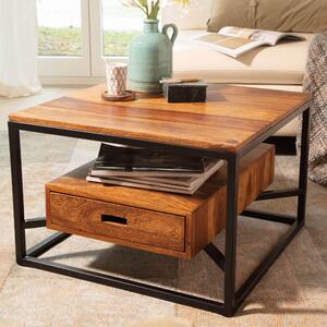 FineBuy Tavolino da caffè 60x60x40 cm in legno massiccio di sheesham / metallo Tavolino da divano Tavolo quadrato da soggiorno Tavolino da caffè solido con cassetto Tavolino da salotto