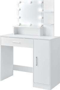ML-Design tavolo da toilette bianco, tavolo da toilette con illuminazione a LED, specchio, 1 cassetto, 3 scomparti e armadietto, 90x38x137 cm, tavolo cosmetico in legno MDF