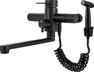 Miscelatore da cucina, girevole a 360°, da montare a parete, con funzione spray, colore nero
