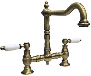 PB Rubinetto da cucina in stile retrò, finitura bronzo, bocca ad angolo, con maniglie bianche PBN.BRO.H.WH