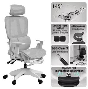 Sedia da ufficio, design ergonomico, funzioni regolabili, struttura bianca e grigio