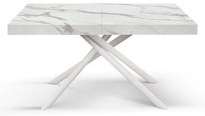 Tavolo allungabile bianco marmo statuario con gambe incrociate bianche tubolari menego 160x90