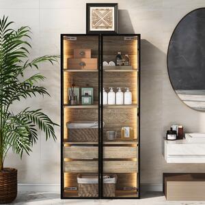 Mobiletto da bagno Sweiko, medio, con luce, larghezza 73 cm, con 2 cassetti grandi e 2 ante, porta in vetro