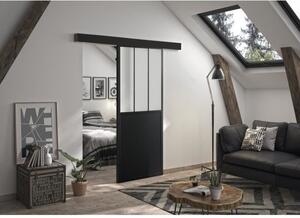 OPTIMUM - Porta scorrevole + binario + set di listelli per officina - A 204 x L 93 x P 4 cm - Vetro smerigliato nero