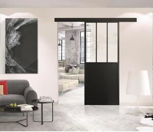 OPTIMUM - Porta scorrevole + binario + set di listelli per officina - A 204 x L 93 x P 4 cm - Vetro nero trasparente