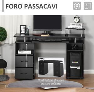 HOMCOM Scrivania da Ufficio Porta PC in Legno con Cassetti, Scrivania pc conMensola Estraibile e Porta Tastiera, 120x55x85cm, Nero