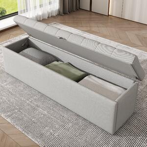 Panca imbottita in lino con vano portaoggetti, sgabello da letto, 141×41,5×47 cm, Grigio chiaro