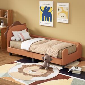 Letto per bambini 90×200 cm, forma di leone, materiale PU, rete a doghe in legno, materasso non incluso, Arancia