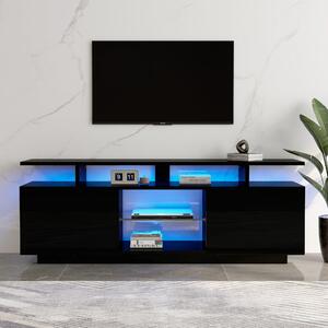 Moderno mobile TV con illuminazione LED a 16 colori, pannello porta lucido, ripiano in vetro, 140×35×55 cm, Nero