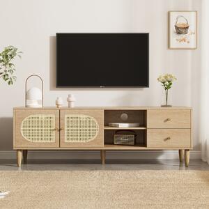 Mobile TV in rattan 150×40×50 cm, con 2 ante in rattan, 2 cassetti, ripiano regolabile in altezza, per TV fino a 60 pollici, Naturale