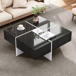 Elegante tavolino da caffè lucido con vano portaoggetti integrato e 4 cassetti, 70×70×35 cm, Nero+Bianco