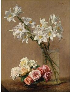 Riproduzione di un dipinto , 45 x 60 cm Henri Fantin-Latour - Roses and Lilies - Fedkolor