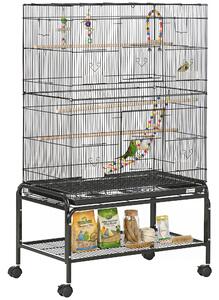 PawHut Gabbia per Uccelli in Acciaio con Posatoi, Giochi, Contenitori per Cibo e Vassoio, 79x49x133 cm, Nero|Aosom