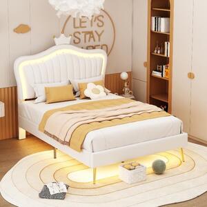 Letto per bambini 90x200 cm, imbottito, bianco, con illuminazione a LED, rivestito in ecopelle, con testiera a conchiglia regolabile e decorata con una , e rete a listelli