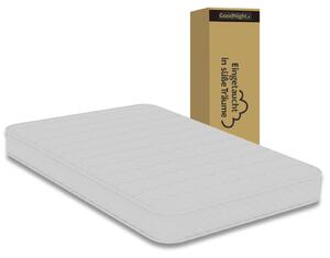 Letto in legno di quercia chiara, dimensioni 140x200 cm, con testiera contenitore, illuminazione LED e schienale in tessuto corda color beige, completo di rete a doghe