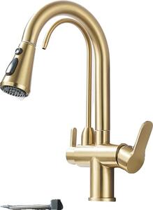 Rubinetto da cucina filtrato, Funzione spray estraibile, Design a doppia maniglia, Oro spazzolato
