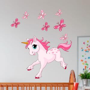 Adesivi murali per bambini Unicorno rosa e papillons - Ambiance