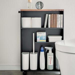 Yamazaki Scaffale da bagno Carrello da bagno Scaffale in metallo Ripiano nero moderno con rotelle Tower 04307
