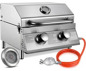 Barbecue a gas da tavolo - Barbecue da campeggio a 2 fuochi - Acciaio inossidabile, 4,4 kW, con accensione piezoelettrica e protezione contro la pressione eccessiva - Superficie di cottura 42x33 cm con coperchio e termometro - Colore argento