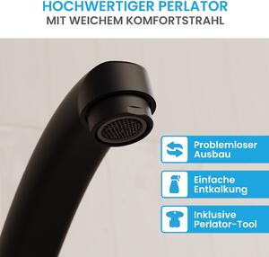Miscelatore da cucina Bächlein nero opaco - Miscelatore monocomando per lavello con bocca girevole a 360° - Rubinetto da cucina dal design extra solido
