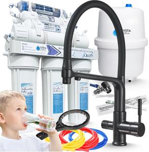 Rubinetto da cucina a 3 vie Flexible con sistema di filtrazione ad osmosi inversa RO7, filtrazione a 7 stadi, membrana da 75 GPD, doccetta estraibile, due tipi di getto