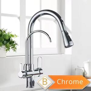 Rubinetto da cucina per filtro dell'acqua - Miscelatore monocomando - Orientabile a 360° - Tubo flessibile estraibile - Acqua calda e fredda - Acciaio inossidabile - Cromo