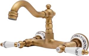 Rubinetto da cucina – Rubinetto per lavello da montare a parete – Miscelatore a due manopole – Bocchetta girevole – Design vintage – Oro