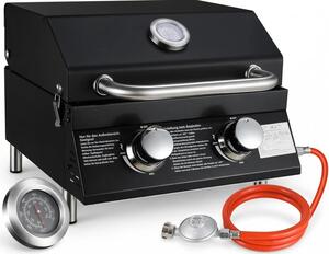 Barbecue a gas portatile - Barbecue da tavolo a 2 fuochi - Potenza 4,4 kW - Acciaio inossidabile cromato - Superficie di cottura 42x33 cm - Coperchio con termometro - Nero