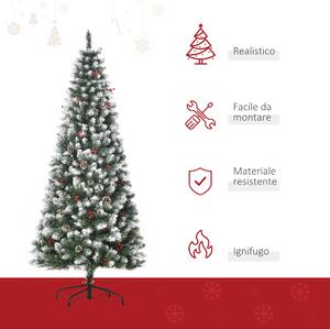 HOMCOM Albero di Natale Innevato Artificiale con Bacche Rosse e Pigne Bianche, Base Rimovibile Pieghevole, 618 Rami, Φ65x180cm