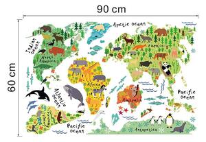 Adesivo murale per bambini Mappa del mondo, 73 x 95 cm Animals of the World - Ambiance