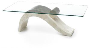 Tavolino Stone Decor E5 120x70xH40 cm, Vetro Trasparente, Gambe Pietra Fossile White Agata, Top Vetro Temperato Filo Lucido