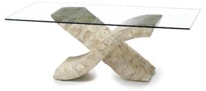 Tavolino Xenon, linea Stone Decor E5, 120x70xH40 cm, colore Vetro trasparente, materiale Top Vetro temperato filo lucido, GambeBase Pietra fossile white agata, Struttura Gambe Compensato marino