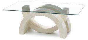 Tavolino Olimpia Stone Decor E5 - 120x70xH41 cm, Vetro Trasparente, Gambe Beige in Pietra Fossile White Agata, Top in Vetro Temperato Filo Lucido