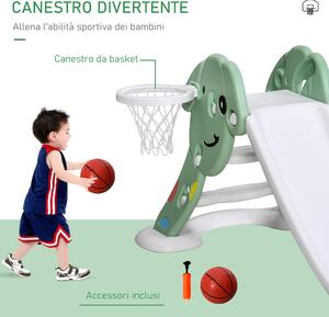 Scivolo Per Bambini 146x68x68 Cm Con Canestro E Pallone Basket Verde E Bianco