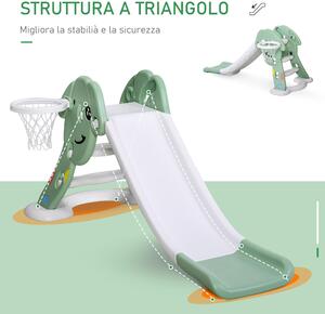 Scivolo Per Bambini 146x68x68 Cm Con Canestro E Pallone Basket Verde E Bianco