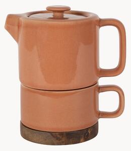Teiera e tazza da tè in gres con filtro e base in legno di acacia Nordika