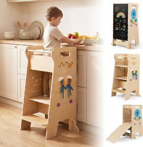 Costway 4 in 1 torre montessoriana per bambini con lavagna e scivolo scala sgabello da cucina in legno, Torretta di apprendimento per bambini 3+ anni