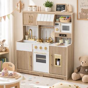 Costway Cucina giocattolo per bambini con luci e suoni 3+ anni, Cucinetta in legno con fornello forno microonde lavello e rubinetto