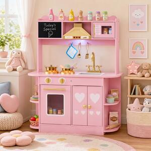 Costway Cucina giocattolo per bambini in legno con suoni e luci, Cucina giocattolo ripiani e armadietti per bambini 3+ anni