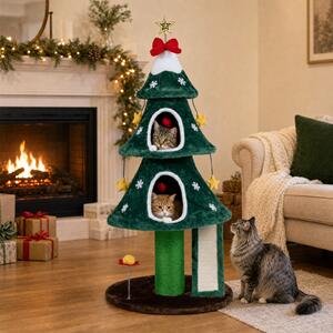 Costway 137cm albero tiragraffi per gatti a tema natalizio, Torre per gatti in peluche con 2 cucce tavola graffio e tiragraffi in sisal con giochi interattivi