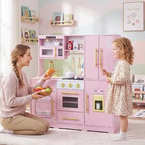Costway Cucina giocattolo con luci e suoni per bambini 3+ anni gioco interattivo in legno, Cucinetta montessori con accessori Rosa