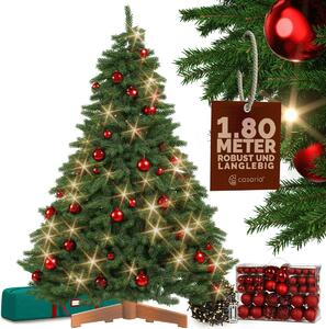 CASARIA® Albero di Natale Premium 180 cm Realistico Set con Palline di Natale 100 Pz. Rosse 40m Lucine Bianco Freddo Supporto in Legno Certificato FSC®