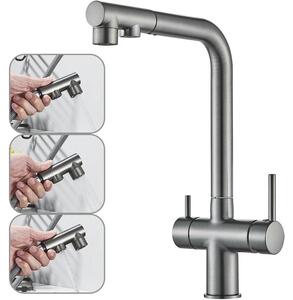 Miscelatore da cucina con filtro dell'acqua - Miscelatore per lavello 3-in-1 - Doccetta estraibile - Rotazione a 360° - 2 maniglie - Grigio gunmetal