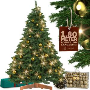 CASARIA® Albero di Natale Premium 180 cm Realistico Set con Palline di Natale 100 Oro 40m Lucine Bianco Freddo Supporto in Legno Certificato FSC®