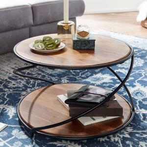 FineBuy tavolino in legno massiccio di sheesham rotondo Ø 58 cm con ripiano, tavolino da salotto in vero legno e struttura in metallo, tavolino di design fatto a mano